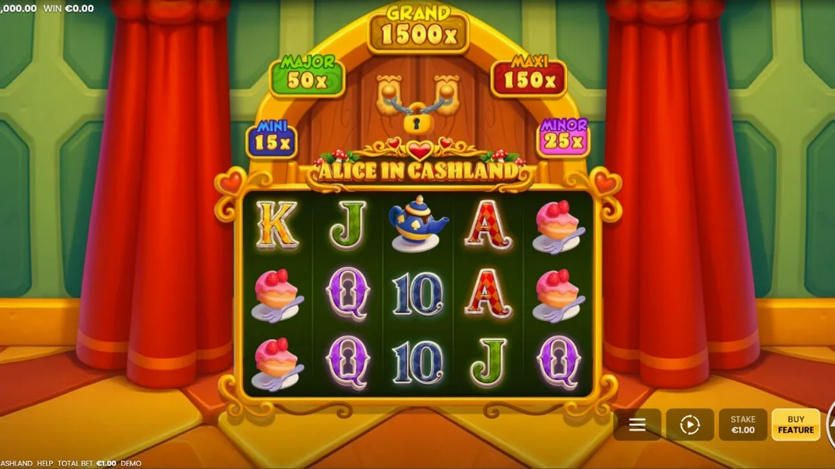 Alice in Cashland slot machine interface com tema de fantasia e personagens do País das Maravilhas