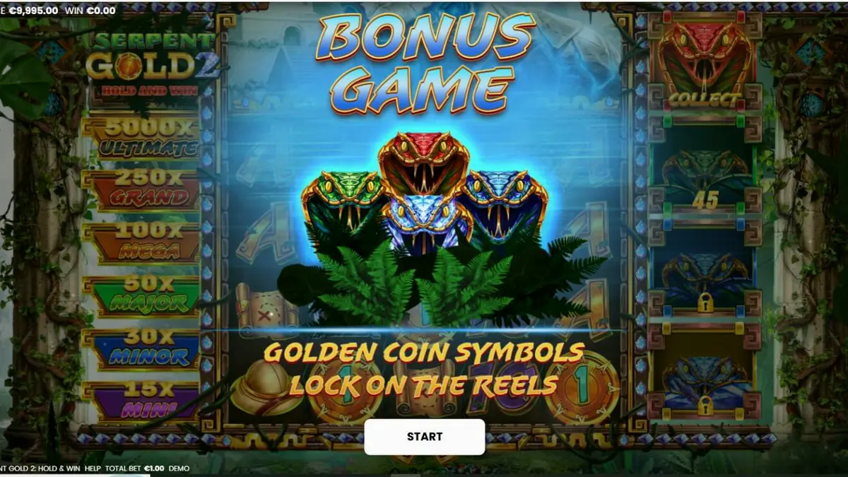 Interface do jogo Serpent Gold 2 com elementos de selva e moedas douradas